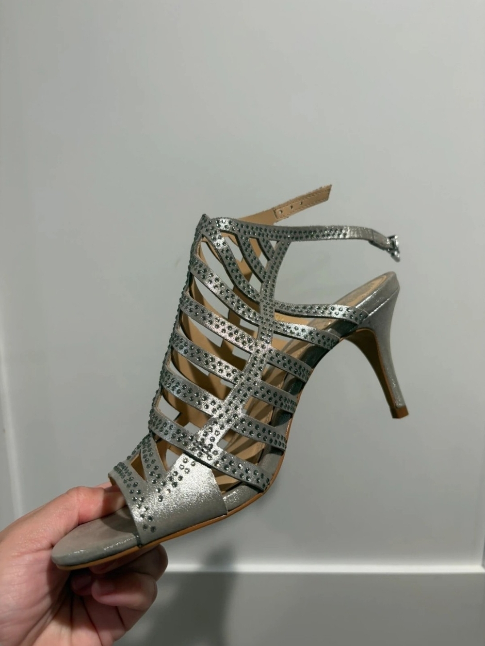 Vince Camuto Silver Rhinestone Cage High Heel Sandal Us7
